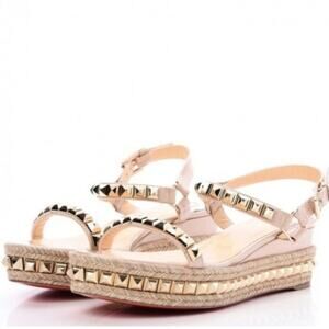 Christian Louboutin Nude Beige Pyraclou Leather Studded Espadrilles size 38